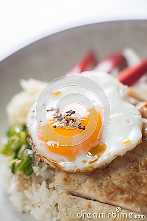 Donburi Chicken served in a Japanese restaurant in Tokyo . Japanese combo dish with chicken, rice, egg, and vegetables. Stock Photo