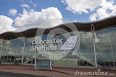 Doncaster UK, 18th August 2019: The Doncaster Sheffield Robin Hood international airport, outside the front entrance taken on a Editorial Stock Photo