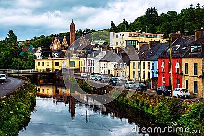 Beautiful landscape in Donegal, Ireland with river and colorful houses Stock Photo