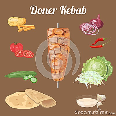 Doner kebab ingredients Vector Illustration