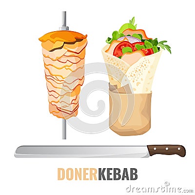 Doner kebab promo poster with meet on skewer and knife Vector Illustration