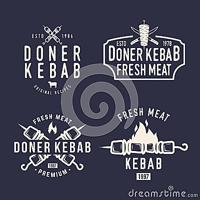 Doner Kebab vintage logo set. Kebab, Shawarma logo with skewer and fire isolated on black background. Vector Illustration