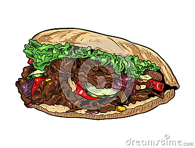 Doner Kebap fast food snack in flatbread vector illustration. Vector Illustration