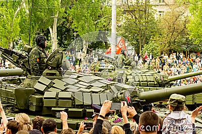 DONETSK, Donetsk People Republic. May 9, 2018: Soviet main battle tank T-72B on the main street of the Donetsk city Editorial Stock Photo