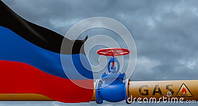 Donetsk gas, valve on the main gas pipeline Donetsk, Pipeline with flag DNR, Pipes of gas from Donetsk, 3D work and 3D image Stock Photo