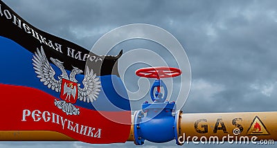 Donetsk gas, valve on the main gas pipeline Donetsk, Pipeline with flag DNR, Pipes of gas from Donetsk, 3D work and 3D image Stock Photo