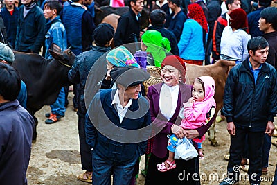 VAN, HA GIANG, VIETNAM, November 18th, 2017: Hmong people, mountainous Van, Ha Giang, cattle trading, outdoor market. Editorial Stock Photo