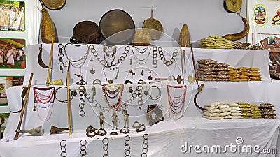 Dongria khanda tribe`s traditional oranaments and instrunments Editorial Stock Photo