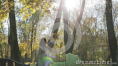 Donkerbruin mamma die haar hand omhoog met een bos van bladeren opheffen en met de zon in het park spelen stock footage Donkerbruin mamma die haar hand omhoog met een bos van bladeren opheffen en met de zon in het park spelen stock footage