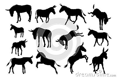 Donkey Animal Silhouettes Set Vector Illustration