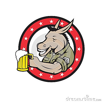 Donkey Beer Drinker Circle Retro Cartoon Illustration