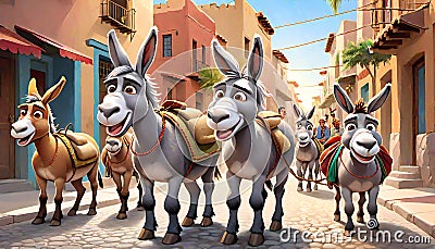 Donkey burro saddle herd range southern downtown Cartoon Illustration