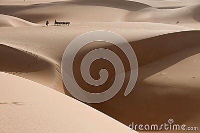 A donkey caravan is tiny on the dunes of the sahara desert, with a large chasm of sand near by. Stock Photo