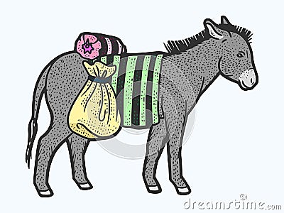Donkey carrying heavy loads color. Sketch scratch board imitation. Engraved illustration for and T-shirts or tattoo. Cartoon Illustration