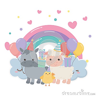 Donkey chicken and sheep with happy birthday icon design Vector Illustration