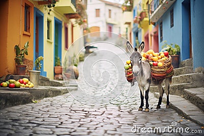 donkey on a cobblestone path with fruit baskets Stock Photo