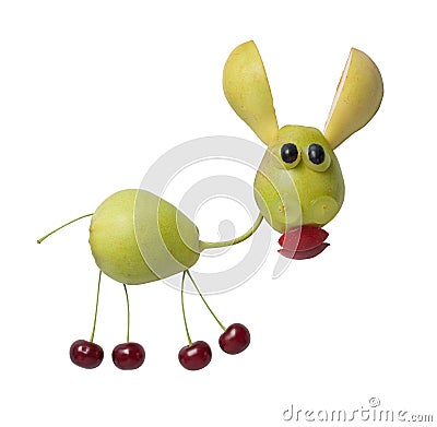 Funny donkey made with pear and cherries Stock Photo
