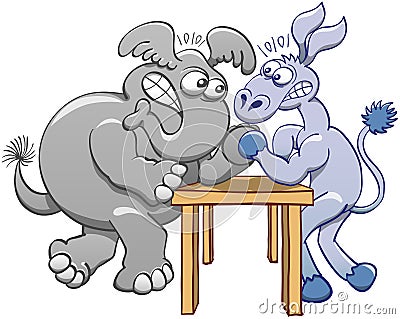 Donkey and elephant in an arm wrestling session Vector Illustration