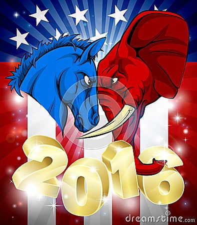 Donkey Fighting Elephant 2016 American Politics Vector Illustration