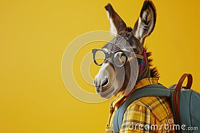 Donkey in glasses as a student with backpack, on yellow background. Stock Photo