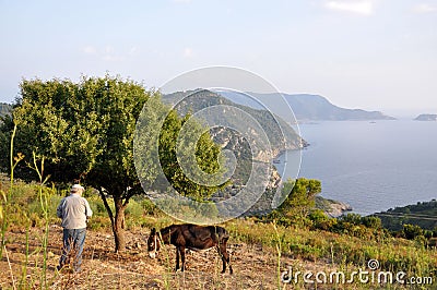 A donkey with its master in Greece in Alonissos island Editorial Stock Photo