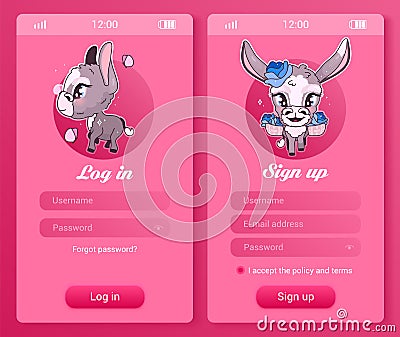 Donkey kids mobile app screen with cartoon kawaii characters avatars. Log in, sign up smartphone girlish game, social media Vector Illustration