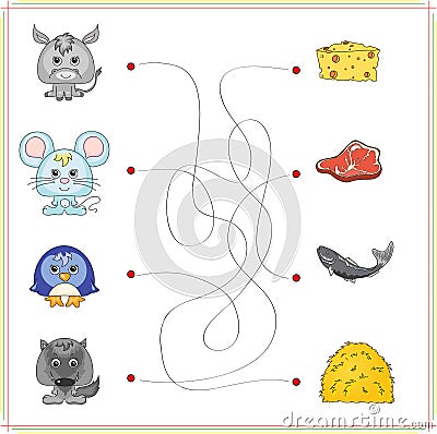 Donkey, mouse, penguin and wolf with their food (cheese, meat, f Vector Illustration