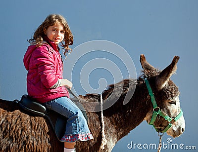 Donkey mule with kid little girl riding happy Stock Photo