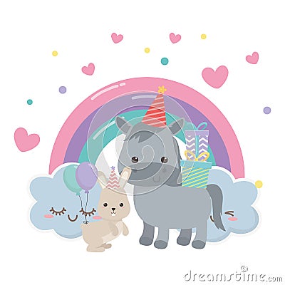 Donkey and rabbit cartoon with happy birthday icon design Vector Illustration