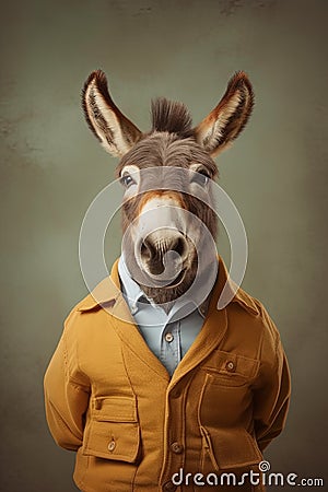 Donkey in schoolboy outfit half - length frontal view Stock Photo