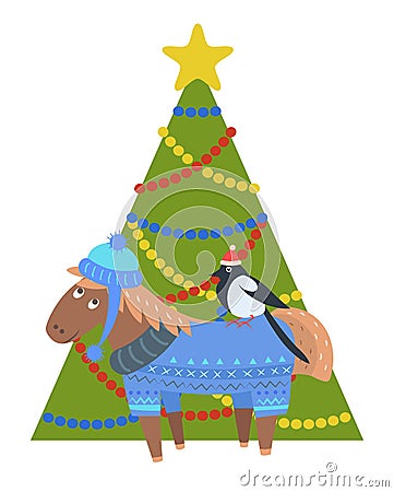 Donkey in warm winter cloth, bullfinch in santa s hat Vector Illustration