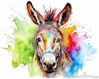 The donkey watercolor set is colorful. Cartoon Illustration