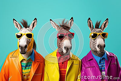 Donkeys in a group, vibrant bright fashionable outfits at birthday party. Generative AI Stock Photo