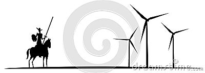 Modern Don Quixote Fight chasing imaginary evils windmills Wind turbine silhouette t-shirt print Vector Illustration