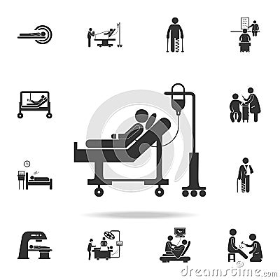 donor lies on a gurney and blood transfusions illustration icon. Detailed set of medicine element Illustration. Premium quality gr Cartoon Illustration