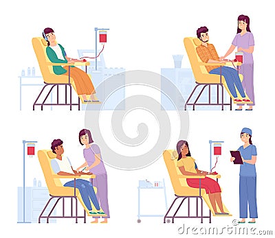 Donors donate blood. Doctors or nurses monitor blood collection from volunteers, people in medical center sit in Vector Illustration