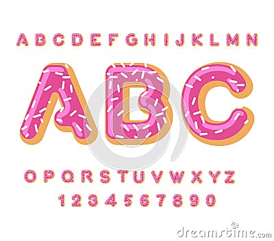 Donut ABC. pie alphabet. Baked in oil letters. icing and sprinkling. Edible typography. Food lettering. Doughnut font Vector Illustration