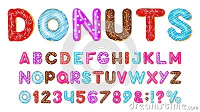 Donut alphabet. Sweet bakery donut font, pink, blue and red glazed chocolate donut letters and numbers. Donut tasty abc Vector Illustration