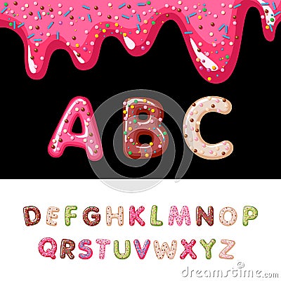 Donut alphabet. Sweet bakery donut font, pink, blue and red glazed Chocolate letters. Tasty abc vector illustration set Vector Illustration