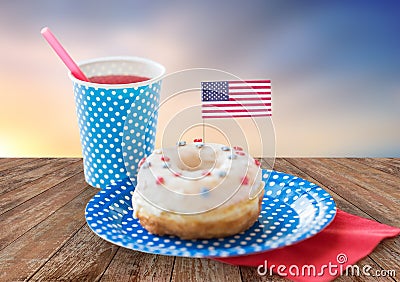Donut with american flag decoration and drink Stock Photo