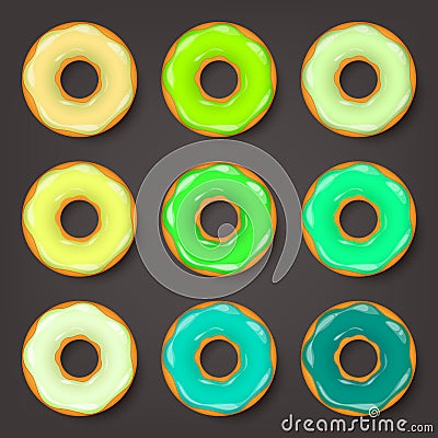 Donut, begel with cream. Cookies,cookie cake set. Sweet dessert with sugar and caramel. Tasty breakfast cooking Vector Illustration