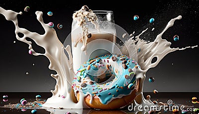 Donut with blue chocolate coating. In the background a glass of milk with a splash. Dynamic advertising shot. Stock Photo