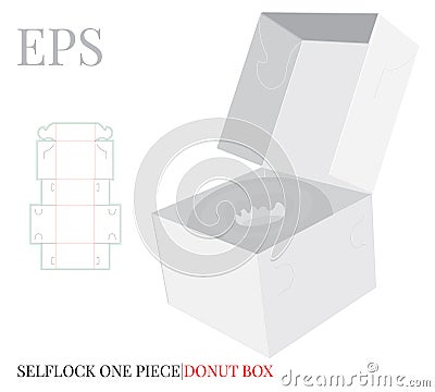 Donut Box Template, Vector with die cut / laser cut layers. Delivery Box, Single Piece Cake Box, Donut, Self Lock, Cut & Clear Vector Illustration