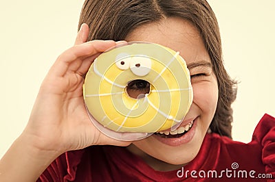 Donut breaking diet concept. Girl hold glazed donut white background. Kid girl hungry for sweet donut. Sugar levels and Stock Photo