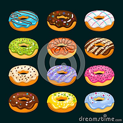 Donut cake cartoon icons. Chocolate assorted donuts vector illustration Vector Illustration