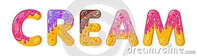 Donut cartoon cream biscuit bold font style Vector Illustration