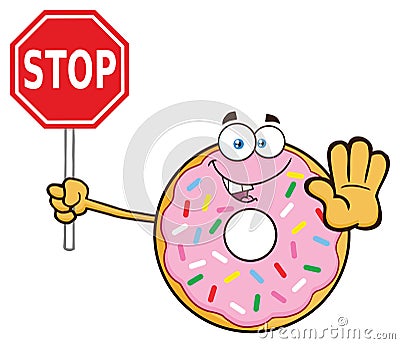 Donut Cartoon Mascot Character With Sprinkles Holding A Stop Sign Vector Illustration