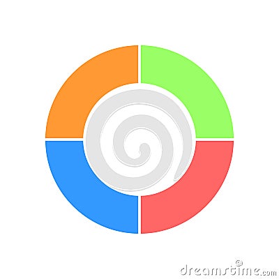 Donut chart divided in 4 sections. Colorful round diagram. Infographic wheel icon. Circle shape cut in four equal parts Vector Illustration