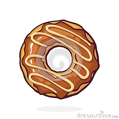 Donut with Chocolate Glaze and Caramel. Dessert Street Food. Vector Illustration. Hand Drawn Cartoon Clip Art With Outline. Vector Illustration