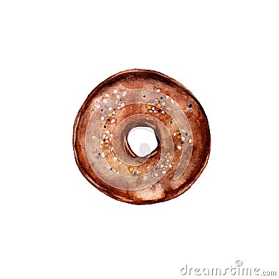 The donut with chocolate glaze isolated on white background, watercolor illustration Cartoon Illustration